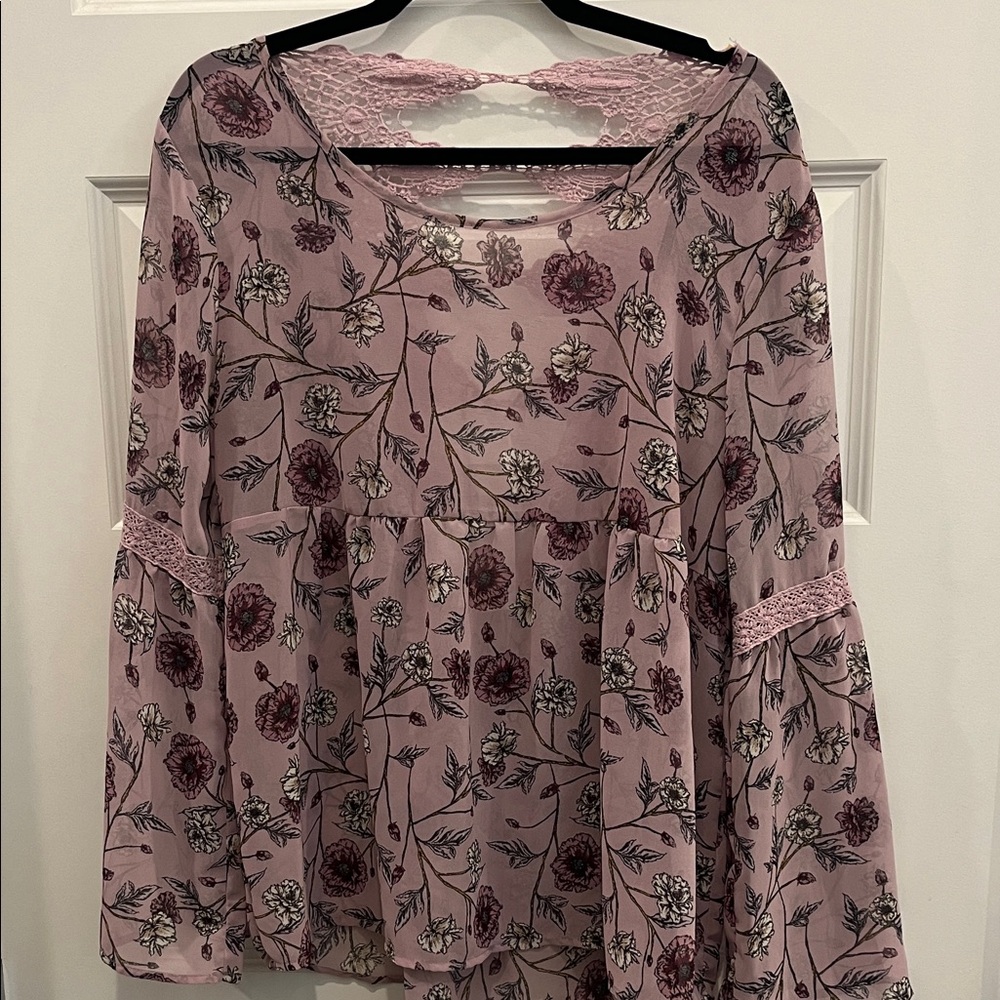 Jolt Sheer Floral Blouse With Bell Sleeves and Crochet Accents
